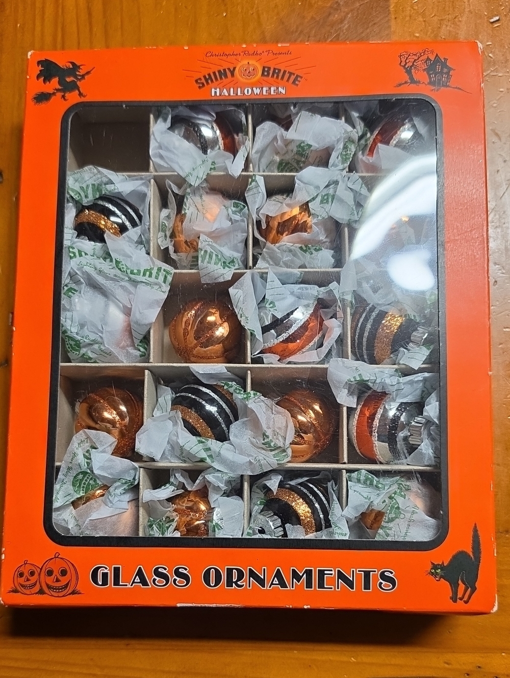 Halloween Shiny Brite Glass Ornaments - Orange & Black